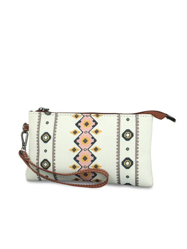 Random Ethnic Pattern Canvas Clutch With Chain Strap,  Boho Style Zipper Wallet For Women, Spring Trendy Beach Bag For Travel