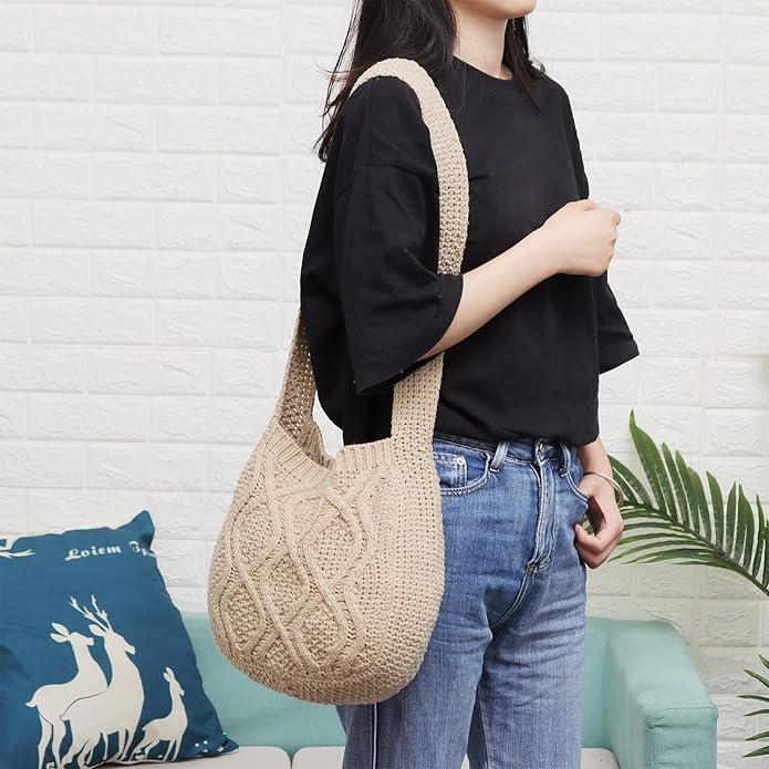 Women's Minimalist Solid Color Crochet Shoulder Bag, Simple Design Plain Crossbody Bag, Casual Fashionable Knitting Bag, Large knit Bag Tote Bag Handbags