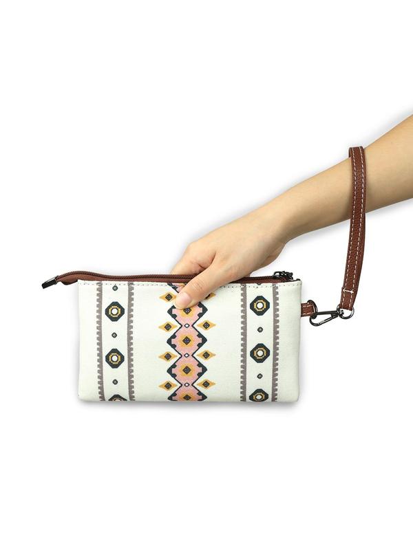 Random Ethnic Pattern Canvas Clutch With Chain Strap,  Boho Style Zipper Wallet For Women, Spring Trendy Beach Bag For Travel