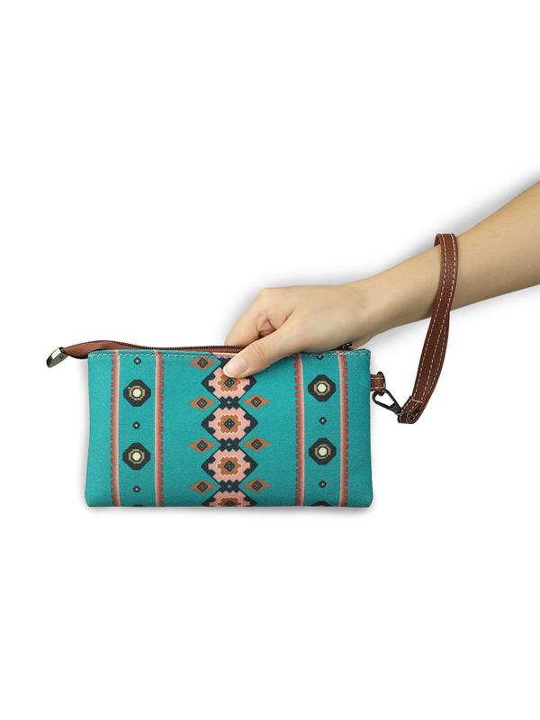 Random Ethnic Pattern Canvas Clutch With Chain Strap,  Boho Style Zipper Wallet For Women, Spring Trendy Beach Bag For Travel