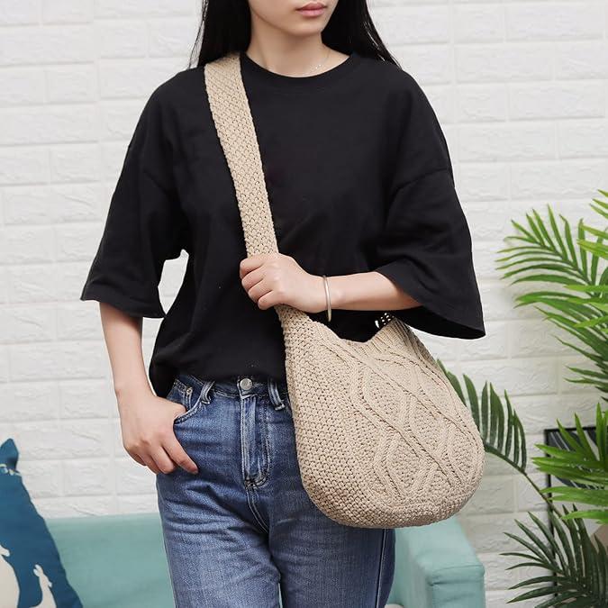 Women's Minimalist Solid Color Crochet Shoulder Bag, Simple Design Plain Crossbody Bag, Casual Fashionable Knitting Bag, Large knit Bag Tote Bag Handbags