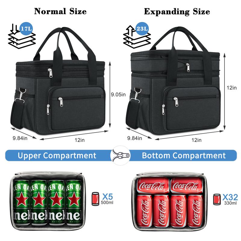 Coobiiya 23L Large Capacity Expandable Insulated and Cooler Lunch Box for Men with 4 Ice packs&2 Snack Bags for Adult Women Work Picnic Camping lunch bag