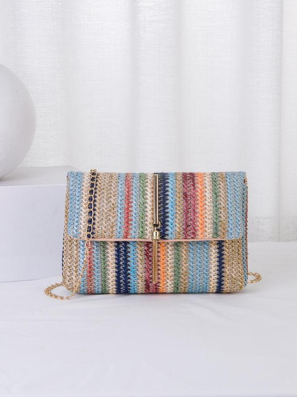 Women's Fashion Tassel Decorated Straw Crossbody Bag, Summer Casual Striped Pattern Design Flap Shoulder Bag for Daily Used, Female Classic Square Bag