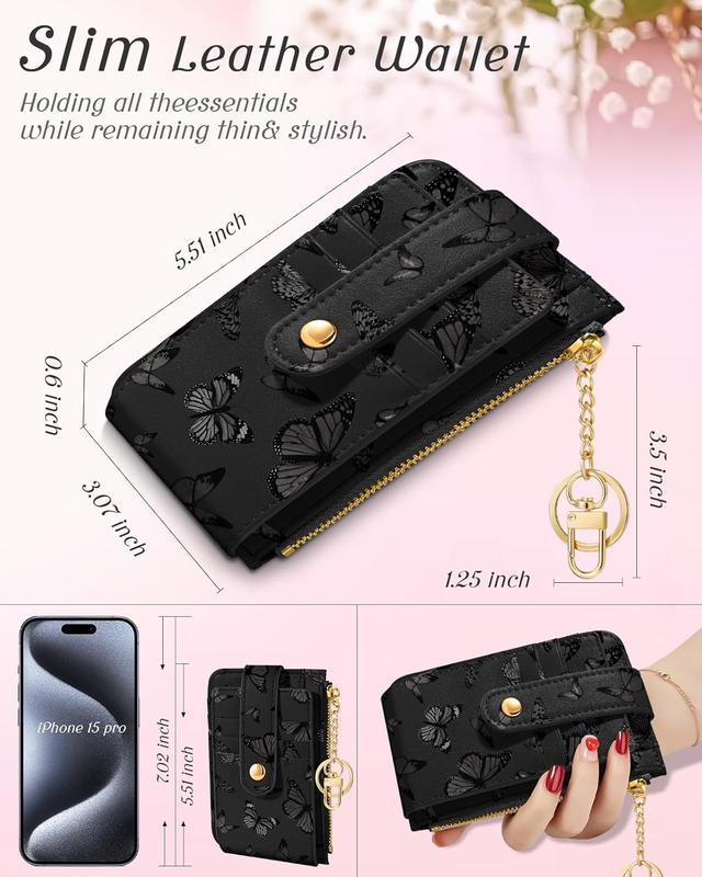 Credit Card Holder Wallet for Women - Cute Small for Ladies Teen Girls Female Rfid Butterfly Black Leather Cardholder Wallets Organizer Purse Girly Aesthetic Print Unique Zipper