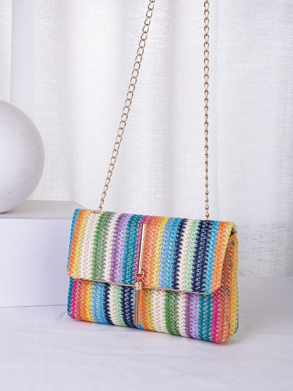 Women's Fashion Tassel Decorated Straw Crossbody Bag, Summer Casual Striped Pattern Design Flap Shoulder Bag for Daily Used, Female Classic Square Bag