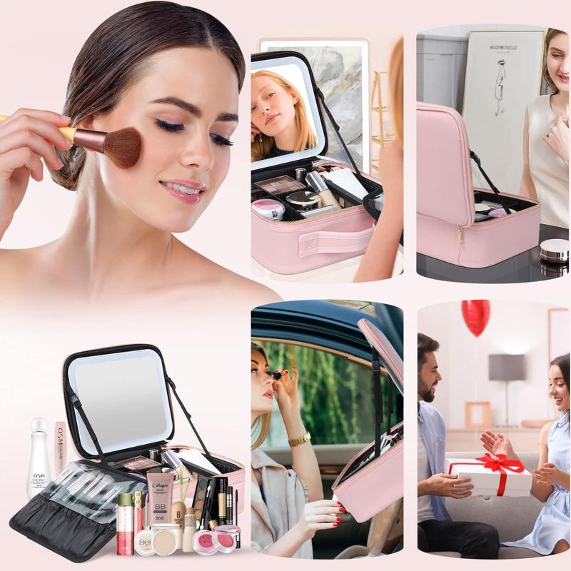 Travel Makeup Bag with LED Lighted Mirror 3 Color Scenarios Adjustable Brightness, Cosmetic Train Case Organizer with DIY Dividers