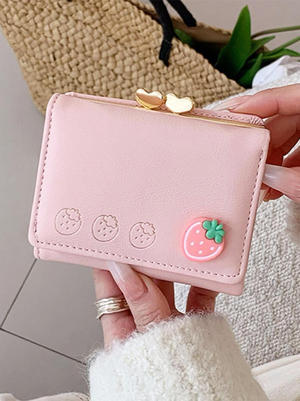 Women's Strawberry Decor Short Wallet, Cute Fruit Design Bifold Wallet, Multi Card Large Capacity Buckle Wallet for Women & Girls