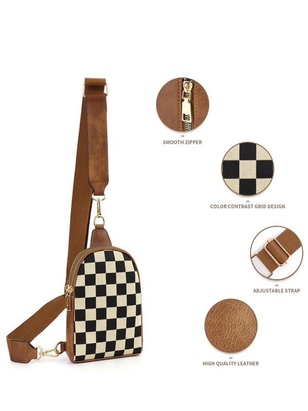 Checkered Pattern Fanny Pack, Fashionable PU Leather Sling Bag for Women, Casual Versatile Zipper Crossbody Purse with Detachable Strap for Travel & Daily Unique Everyday Designer Bags