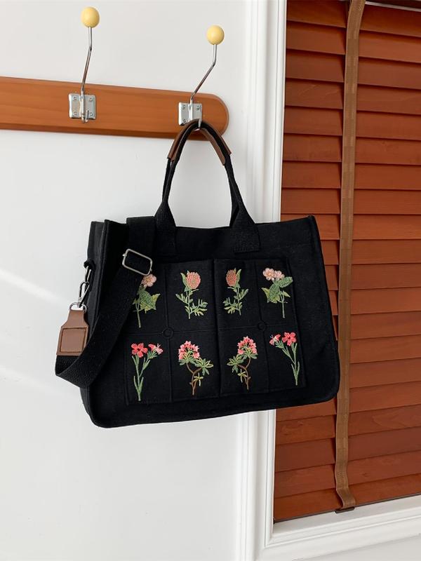 Women's Elegant Flower Embroidered Tote Bag, Work Bag, Trendy Large Capacity Handbag for Women & Girls, Casual Versatile Crossbody Bag for Daily & Work & Back To School