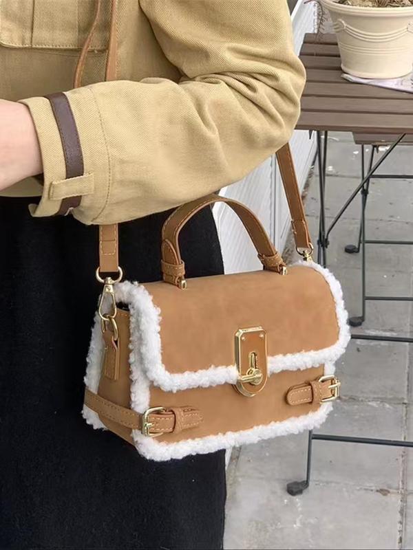 Women's Fashionable Contrast Faux Fur Decorated Handbag, Casual Solid Color Shoulder Bag for Daily Used, Trendy All-match Commuter Bag