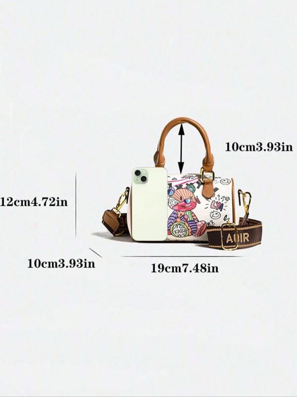 Women's Cute Cartoon Bear Pattern Handbag, Fashionable Pu Leather Zipper Shoulder Bag, Casual Trendy Versatile Daily Commuting Bag, Girl Fashionable Bag