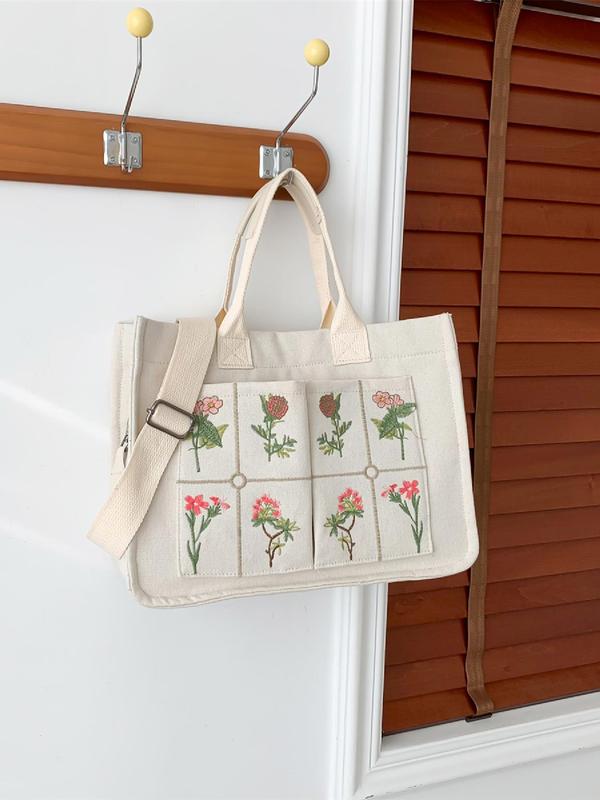 Women's Elegant Flower Embroidered Tote Bag, Work Bag, Trendy Large Capacity Handbag for Women & Girls, Casual Versatile Crossbody Bag for Daily & Work & Back To School