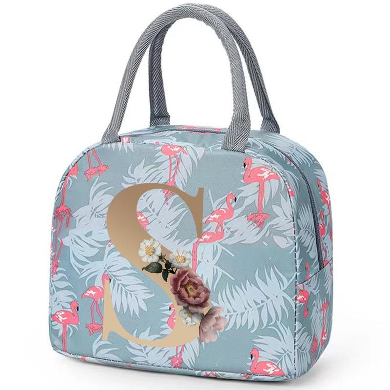 Letter & Flamingo Pattern Lunch Bag, 1 Count Portable Insulated Bento Bag, Reusable Lunch Box Bag for School, College, Office, Picnic, Camping