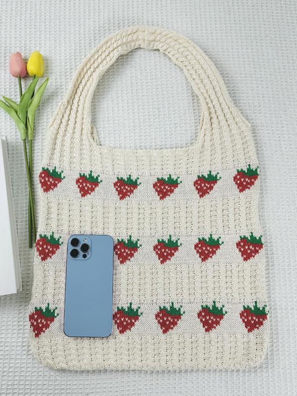 Cute Strawberry Pattern Crochet Shoulder Bag, Fashionable Knitted Tote Bag for Women, Casual Trendy Versatile High-quality Daily Commuting Bag