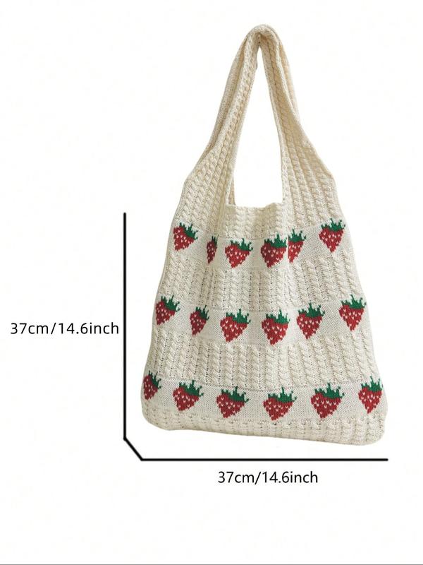 Cute Strawberry Pattern Crochet Shoulder Bag, Fashionable Knitted Tote Bag for Women, Casual Trendy Versatile High-quality Daily Commuting Bag