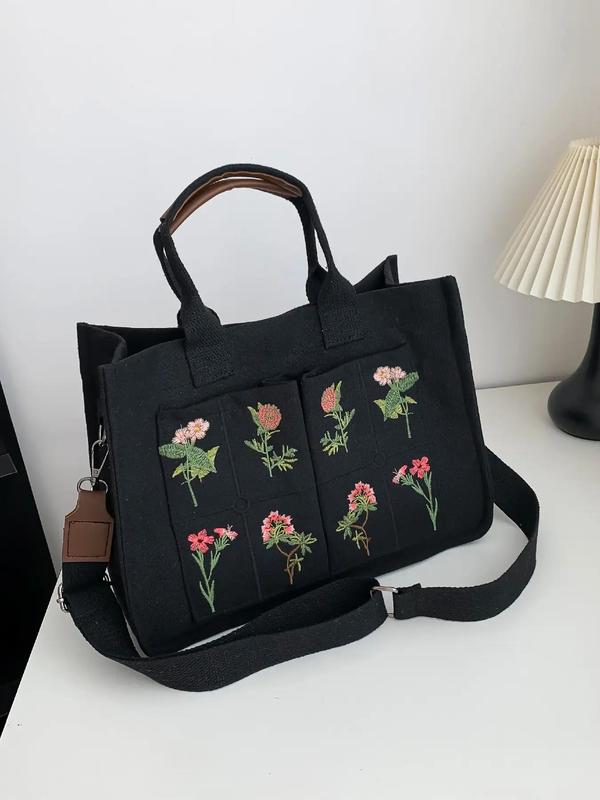 Women's Elegant Flower Embroidered Tote Bag, Work Bag, Trendy Large Capacity Handbag for Women & Girls, Casual Versatile Crossbody Bag for Daily & Work & Back To School