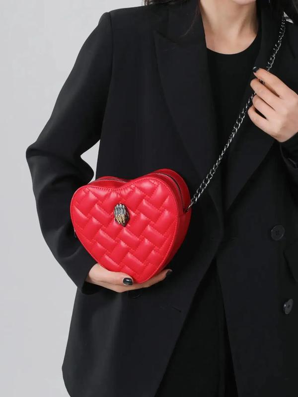 Summer Chain Strap Heart Shaped Design Crossbody Bag, 2024 New Style Solid Color Rhombus Embossed Patched Design Crossbody Bag for Back To School, Trendy Versatile High-quality Daily Commuting Bag, Fall Outfits, Fall Freshness for Halloween, Fall