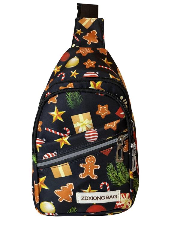 Christmas Themed Christmas Tree & Gingerbread  Pattern Luminous Zipper Crossbody Bag, Casual Sporty Shoulder Bag for Men, Versatile Trendy Chest Bag for Daily Use