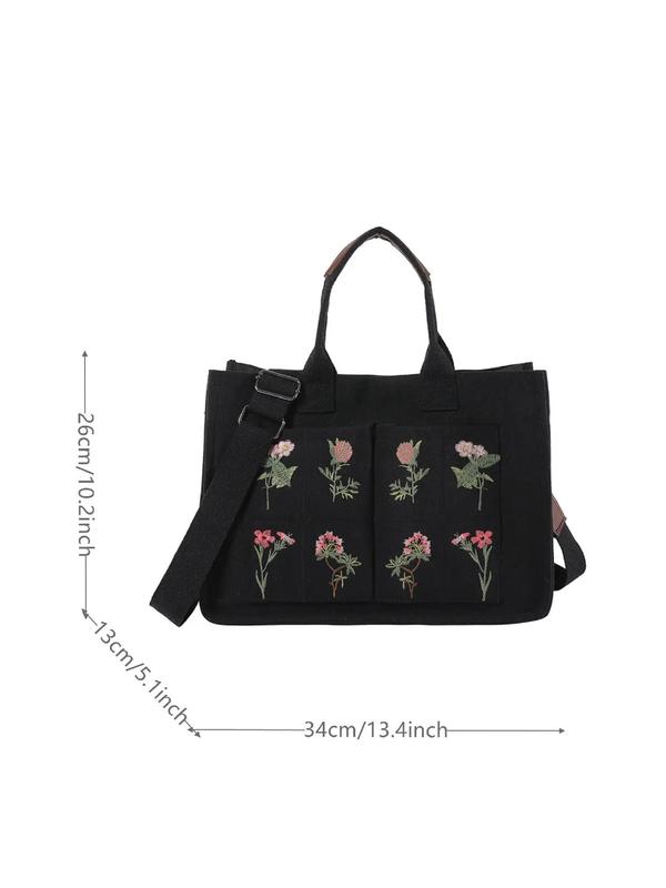 Women's Elegant Flower Embroidered Tote Bag, Work Bag, Trendy Large Capacity Handbag for Women & Girls, Casual Versatile Crossbody Bag for Daily & Work & Back To School