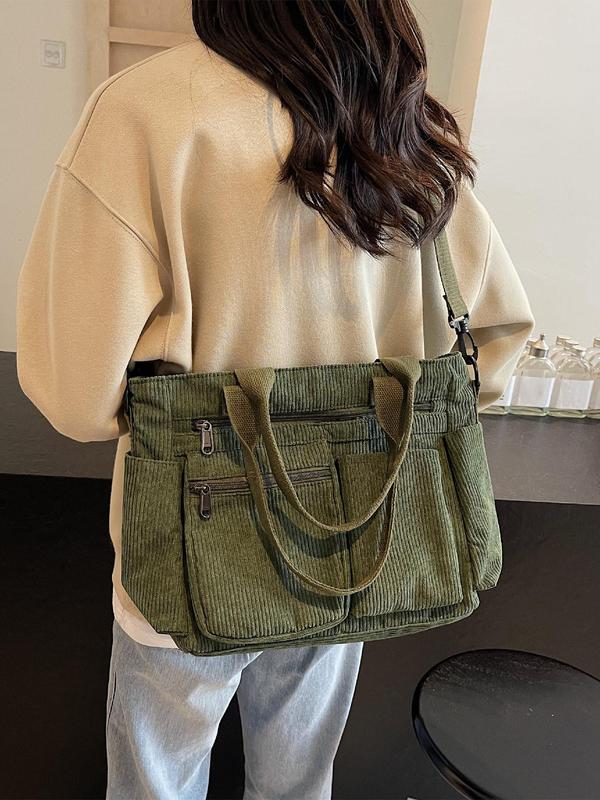 Women's Solid Color Corduroy Tote Bag, Fashionable Large Capacity Shoulder Bag for Daily Used, Casual Trendy Versatile High-quality Daily Commuting Bag