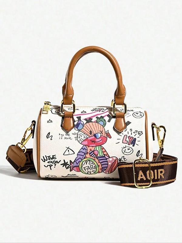 Women's Cute Cartoon Bear Pattern Handbag, Fashionable Pu Leather Zipper Shoulder Bag, Casual Trendy Versatile Daily Commuting Bag, Girl Fashionable Bag