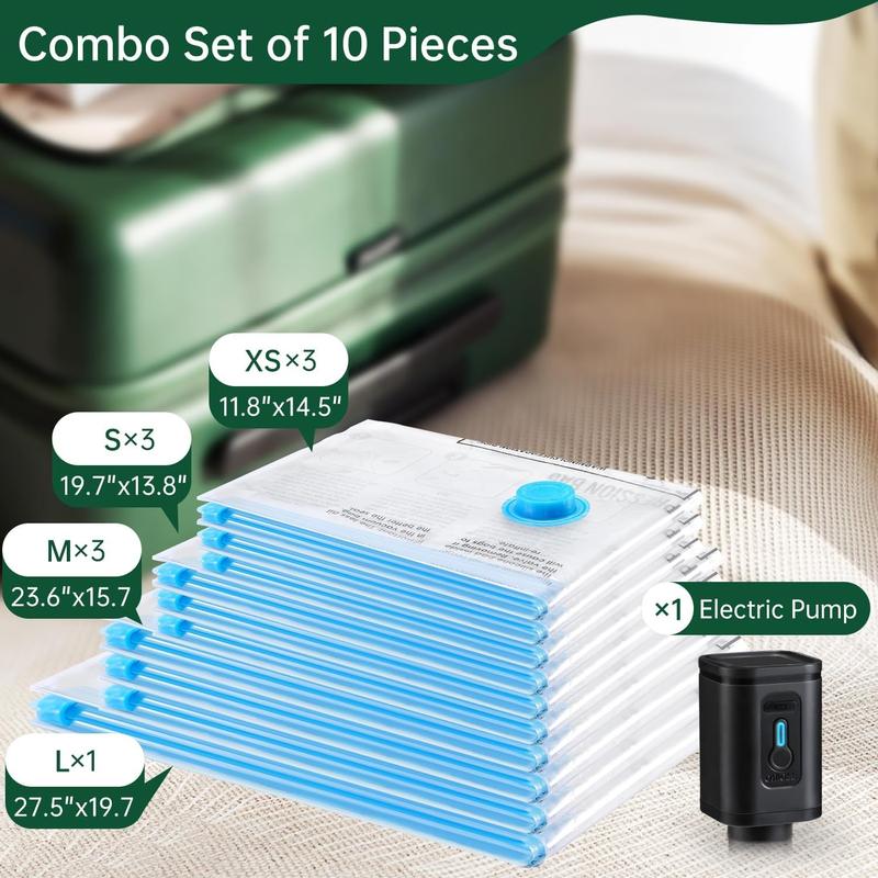 10 Combo Pack Travel Vacuum Bags with Pump - Compression Bags for Travel,Vacuum Storage Bags for Space Saver & Travel Essentials,Vacuum Seal Bags for Clothing,Travel Vacuum Bags for Luggage