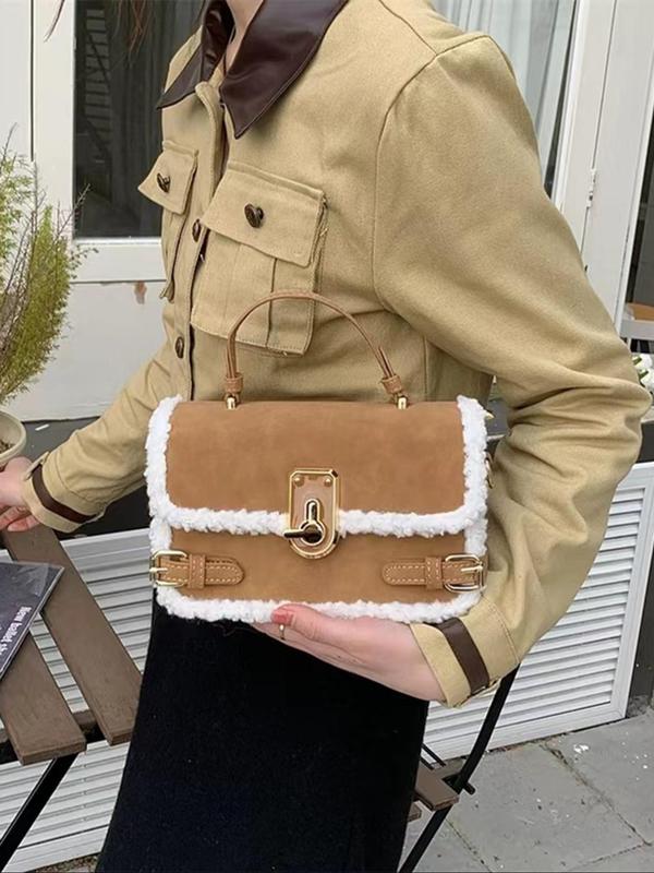 Women's Fashionable Contrast Faux Fur Decorated Handbag, Casual Solid Color Shoulder Bag for Daily Used, Trendy All-match Commuter Bag