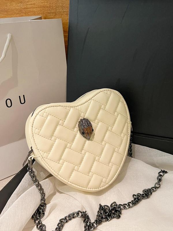 Summer Chain Strap Heart Shaped Design Crossbody Bag, 2024 New Style Solid Color Rhombus Embossed Patched Design Crossbody Bag for Back To School, Trendy Versatile High-quality Daily Commuting Bag, Fall Outfits, Fall Freshness for Halloween, Fall