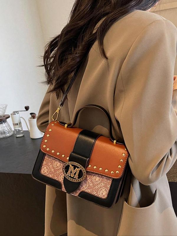 Women's Fashionable Letter Pattern Handbag, Vintage Crossbody Bag with Rivets Inlaid, Elegant All-match & Exquisite Handbag for Daily Use