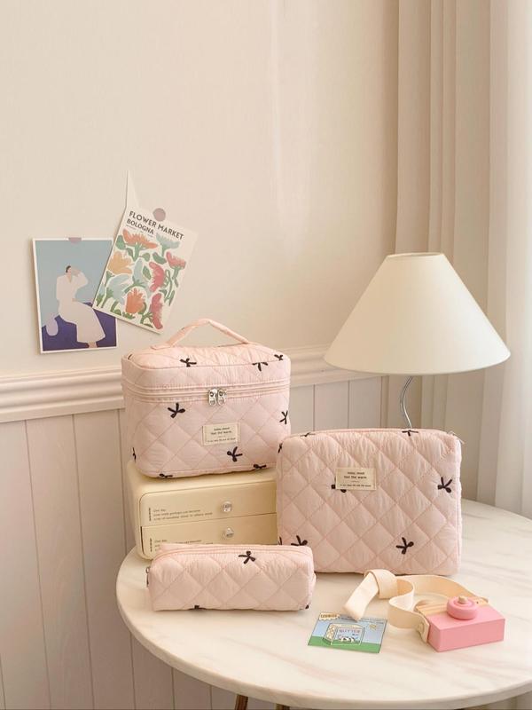 Cute Bow Pattern Quilted Makeup Bag Set, Large Capacity Cosmetic Storage Bag, Zipper Makeup Organizer Pouch, Versatile Storage Bag for Travel & Daily Use