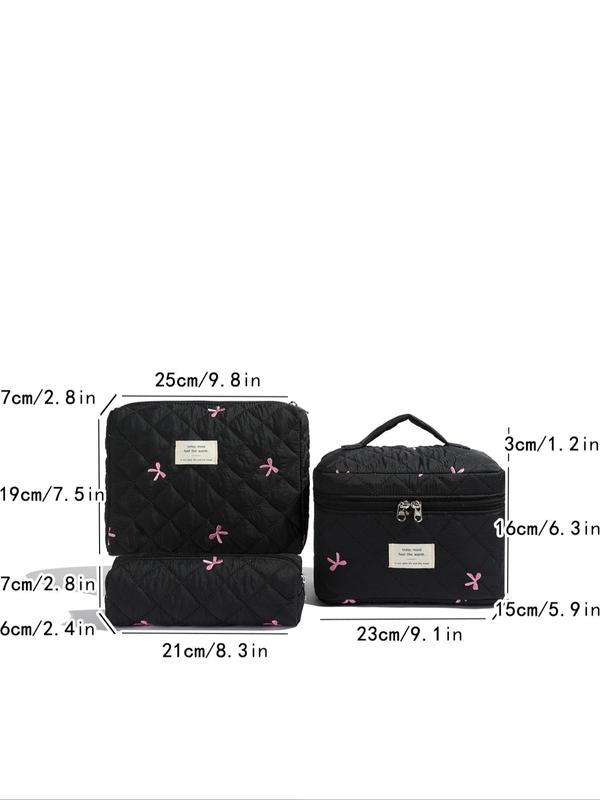 Cute Bow Pattern Quilted Makeup Bag Set, Large Capacity Cosmetic Storage Bag, Zipper Makeup Organizer Pouch, Versatile Storage Bag for Travel & Daily Use