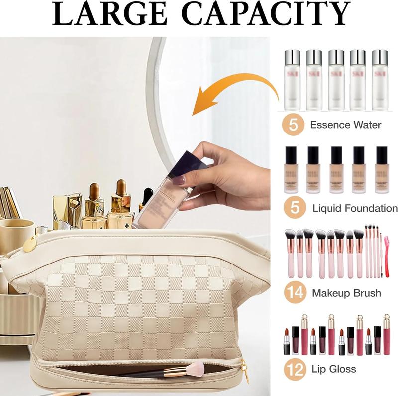 Large Makeup Bag, Double Layer Makeup Bag Organizer, Toiletry Bag For Women, Cosmetic Travel Bag, Leather Makeup Bag, Portable Toiletry Bag, Waterproof Roomy Bag For Women And Girls