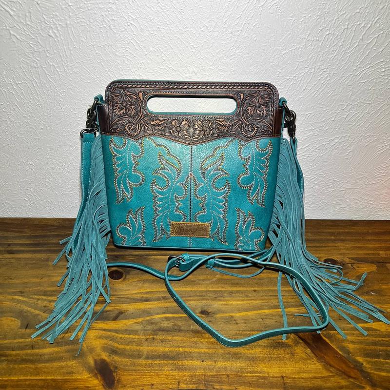 Wrangler Fringe Embossed Tote Handbag with Adjustable Strap