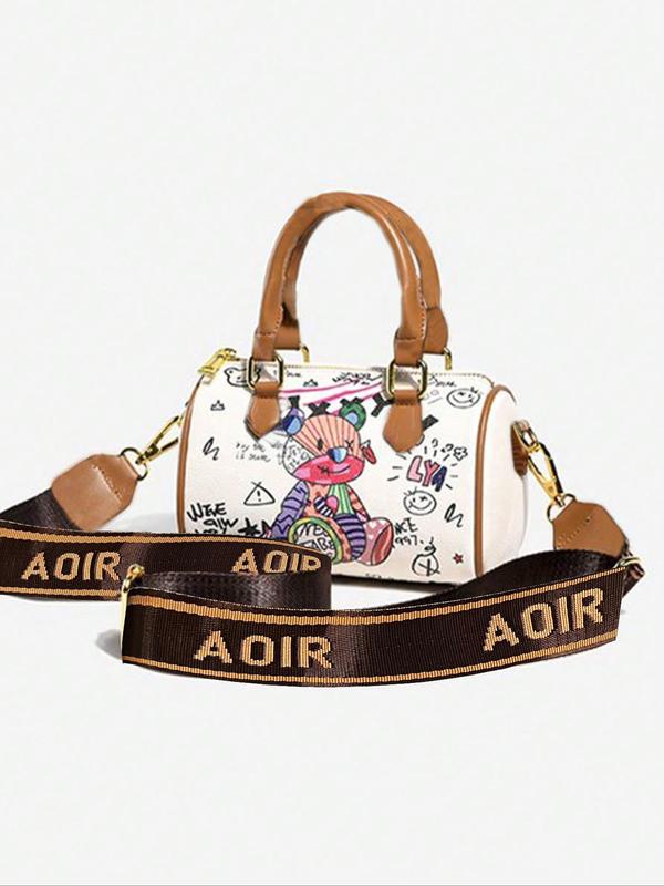 Women's Cute Cartoon Bear Pattern Handbag, Fashionable Pu Leather Zipper Shoulder Bag, Casual Trendy Versatile Daily Commuting Bag, Girl Fashionable Bag