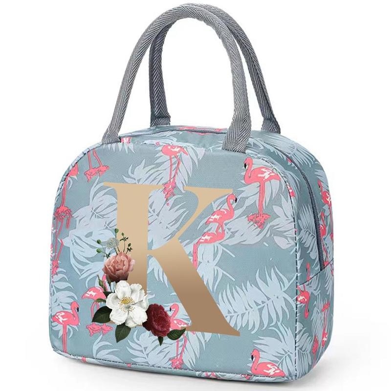 Letter & Flamingo Pattern Lunch Bag, 1 Count Portable Insulated Bento Bag, Reusable Lunch Box Bag for School, College, Office, Picnic, Camping