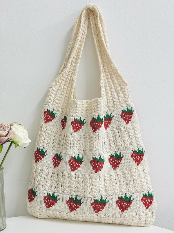 Cute Strawberry Pattern Crochet Shoulder Bag, Fashionable Knitted Tote Bag for Women, Casual Trendy Versatile High-quality Daily Commuting Bag