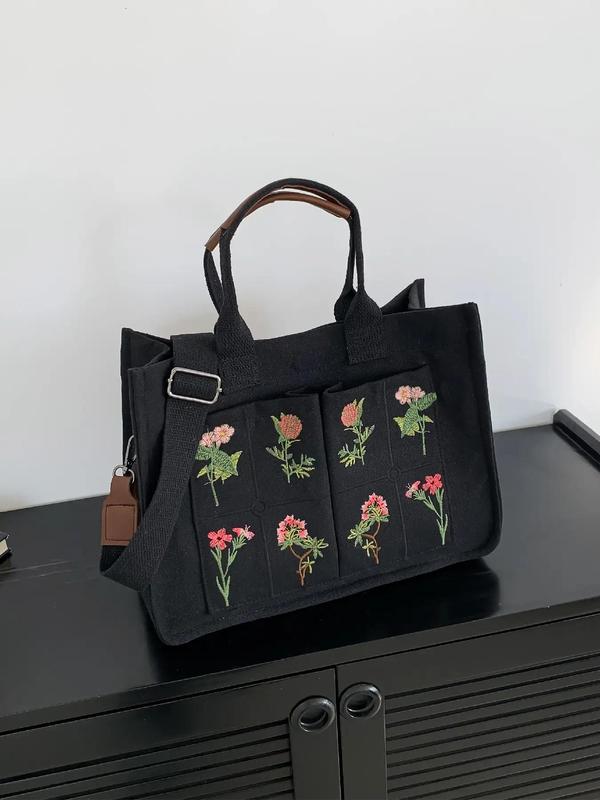 Women's Elegant Flower Embroidered Tote Bag, Work Bag, Trendy Large Capacity Handbag for Women & Girls, Casual Versatile Crossbody Bag for Daily & Work & Back To School