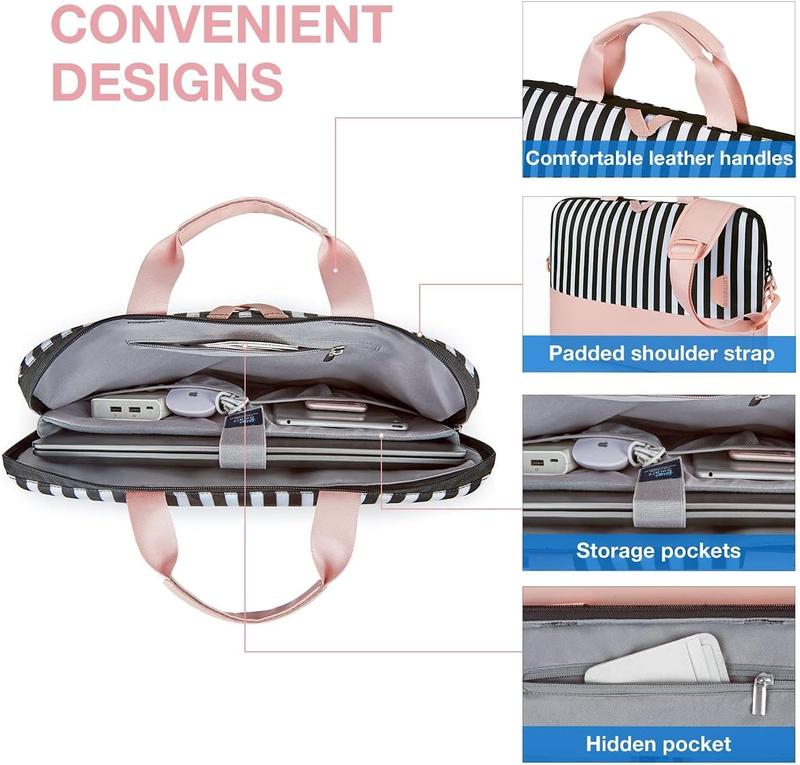 Laptop Bag for Women, 15.6 Inch Laptop Case Slim Computer, Work Briefcase, For Travel, Pink Stripes