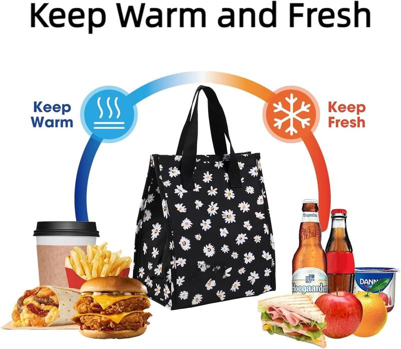 Lunch bag, Insulated Lunch Bag for Women Men, Lunch Containers Reusable Lunch Tote Bag for Work, Travel, Outdoor (BlackDaisy)