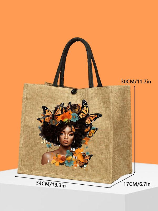 Women's Cute Butterfly & Girl Pattern Tote Bag & Wallet Set, Large Capacity Tote Bag & Wallet, Fashionable Bag Set for Travel & Daily Use