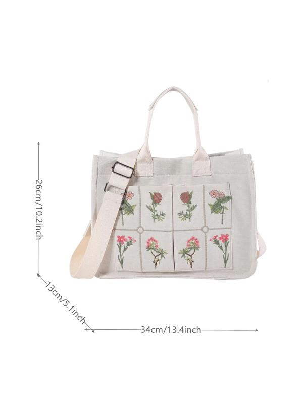 Women's Elegant Flower Embroidered Tote Bag, Work Bag, Trendy Large Capacity Handbag for Women & Girls, Casual Versatile Crossbody Bag for Daily & Work & Back To School