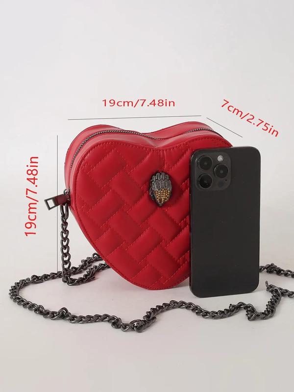 Summer Chain Strap Heart Shaped Design Crossbody Bag, 2024 New Style Solid Color Rhombus Embossed Patched Design Crossbody Bag for Back To School, Trendy Versatile High-quality Daily Commuting Bag, Fall Outfits, Fall Freshness for Halloween, Fall