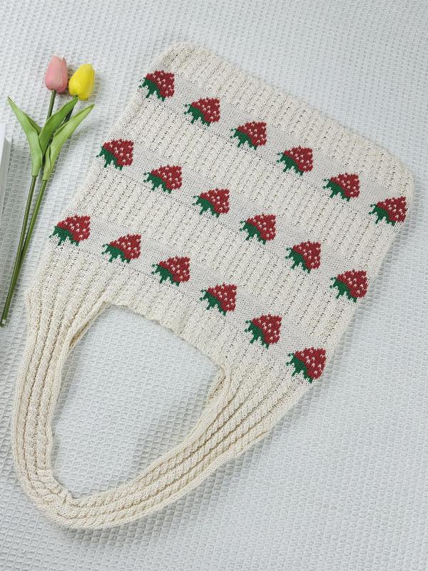 Cute Strawberry Pattern Crochet Shoulder Bag, Fashionable Knitted Tote Bag for Women, Casual Trendy Versatile High-quality Daily Commuting Bag