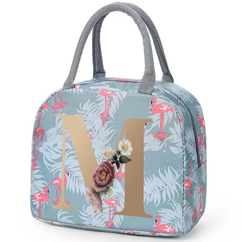 Letter & Flamingo Pattern Lunch Bag, 1 Count Portable Insulated Bento Bag, Reusable Lunch Box Bag for School, College, Office, Picnic, Camping