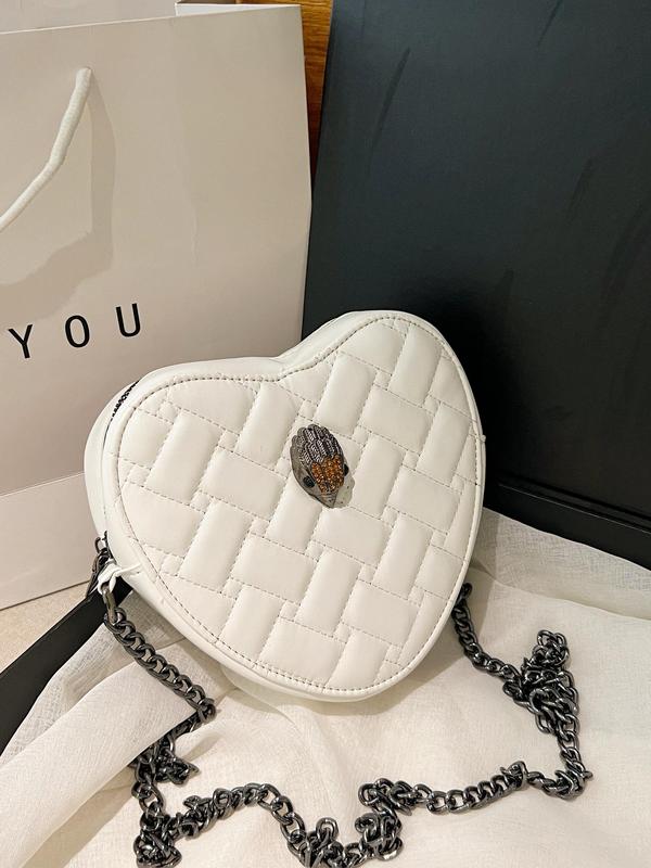 Summer Chain Strap Heart Shaped Design Crossbody Bag, 2024 New Style Solid Color Rhombus Embossed Patched Design Crossbody Bag for Back To School, Trendy Versatile High-quality Daily Commuting Bag, Fall Outfits, Fall Freshness for Halloween, Fall