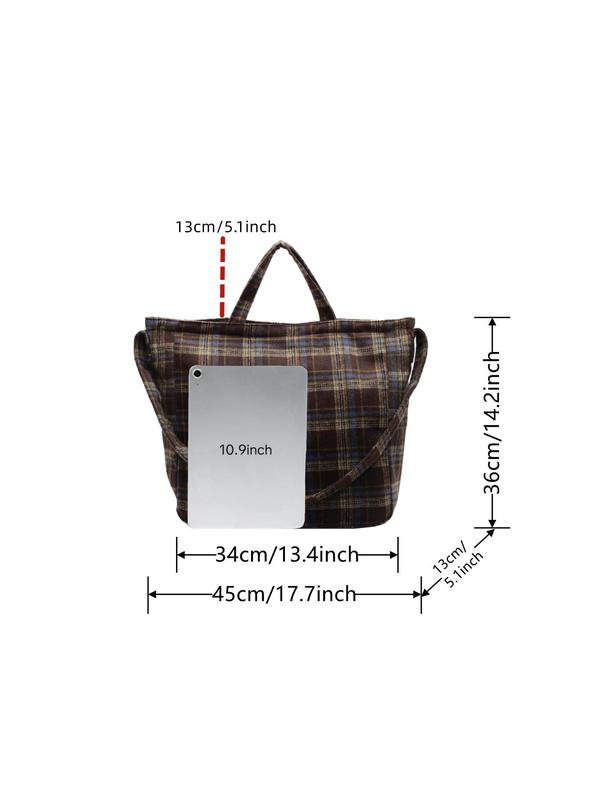 Women's Fashionable Plaid Pattern Tote Bag, Casual Large Capacity Shoulder Bag for Work & School, Trendy Versatile High-quality Daily Commuting Bag