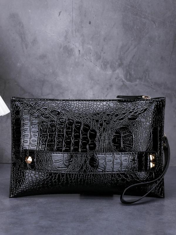 New Fashion Crocodile Pattern PU Leather Zipper Oversized Clutch for Women, Daily Commuting Simple Plain Document Storage Bag