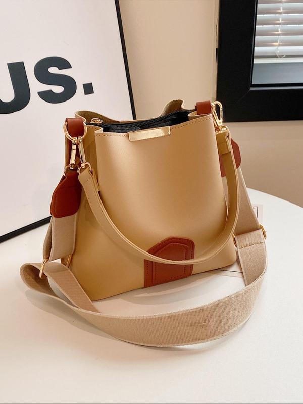 2024 Summer Women's Solid Color Patched Design Crossbody Bag, Fashionable Bucket Bag for Daily Used, Trendy All-match Commuter Bag