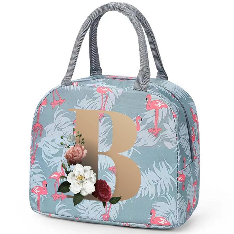 Letter & Flamingo Pattern Lunch Bag, 1 Count Portable Insulated Bento Bag, Reusable Lunch Box Bag for School, College, Office, Picnic, Camping