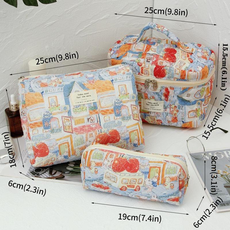 Rabbit Pattern Quilting Makeup Brushes Bag (3 Counts set), Large Capacity Cosmetic Storage Bag, Zipper Makeup Organizer Pouch, Versatile Storage Bag, Makeup Bag, Handbag